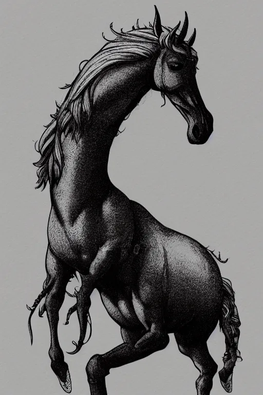 Prompt: horse with a narwhal horn, symmetrical, highly detailed, digital art, sharp focus, trending on art station, kentaro miura manga art style