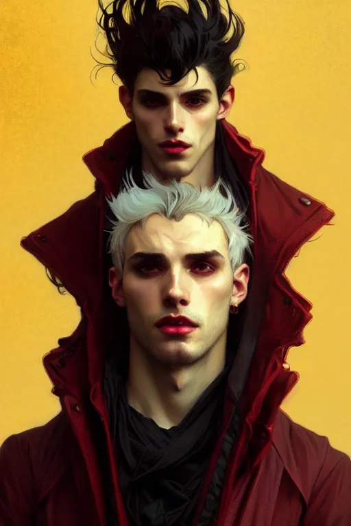 Image similar to portrait of a beautiful young fit male vampire with curly white hairs and yellow eyes, dressed with urban clothes, by greg rutkowski and alphonse mucha, d & d character, gradient white to red, modern nocturnal background, highly detailed portrait, digital painting, artstation, concept art, smooth, sharp focus ilustration, artstation hq