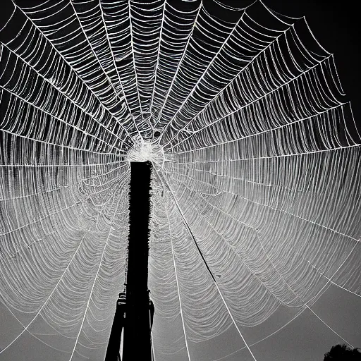 Prompt: arachnophobia, a city coated in webs under attack from giant arachnids, photography