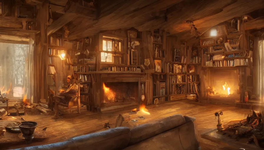 Prompt: Interior of a gorgeous wooden house with a fire in the fireplace, shelf of books and people drinking coffees on the couch, hyperdetailed, artstation, cgsociety, 8k