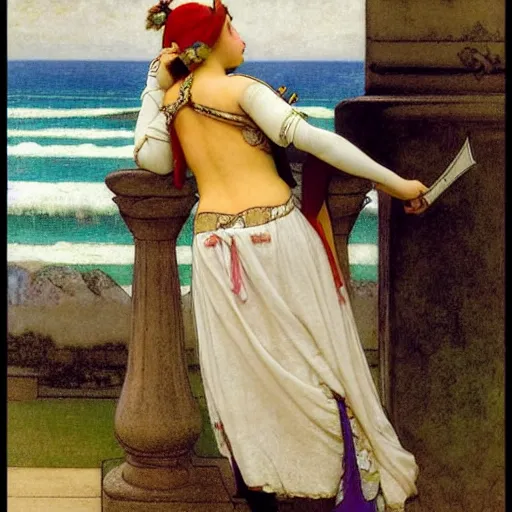 Image similar to A girl with jester clothes and a sword on the front of a Balustrade with a beach on the background, major arcana clothes, by paul delaroche, alphonse mucha and arnold böcklin arnold böcklin hyperrealistic 8k, very detailed