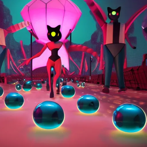 Prompt: promotional movie still wide - angle 3 0 m distance. nanorobots ( ( cat ) ) 1 million into the future ( 1 0 0 2 0 2 2 ad ). super cute and super deadly. nanorobots like disco music, disco balls, dance - off contests. dramatic lighting, cinematic lighting, octane 3 d. style saturday night fever ( film )