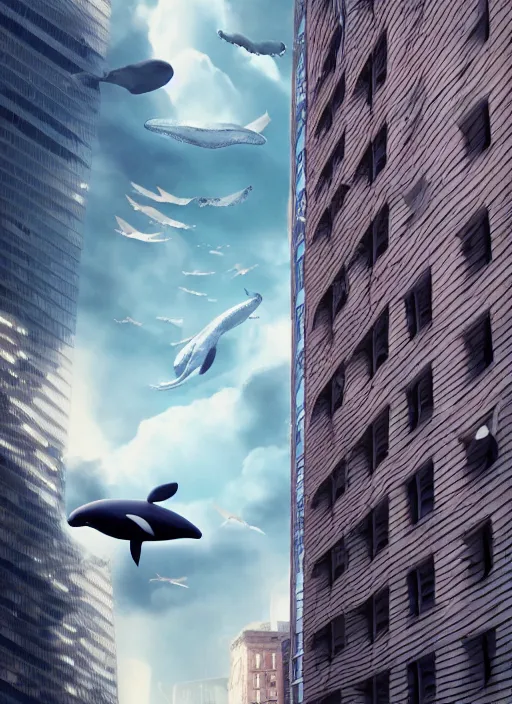 Image similar to whale flying over a building, wearing fashion clothing, id magazine, hyperrealism, detailed textures, photorealistic, 3 d city, ultra realistic, cinematic, intricate, cinematic light, unreal engine 8 k, octane render, unreal engine, david kostic, artgerm