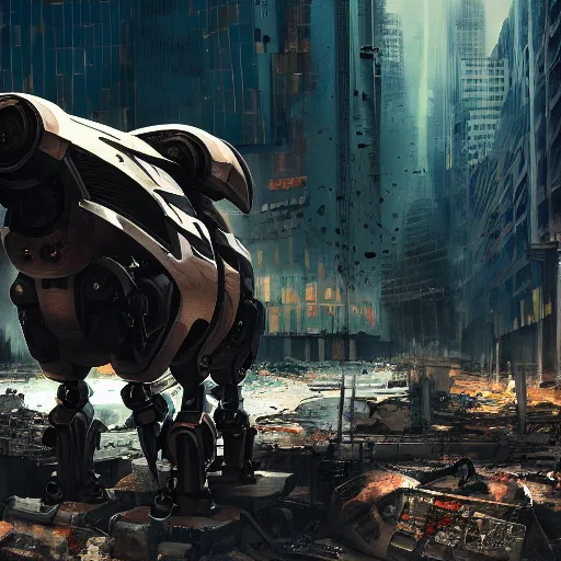 Image similar to ram sheep robot, intricate, sinister, futuristic, ultra realistic, hyper detailed, cinematic, digital art, artstation, trending, destroyed city in the background, depth of field