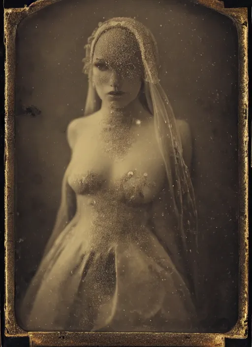 Prompt: old wetplate daguerreotype portrait of the birth of a female super hero, explosion of data fragments, fractal, intricate, elegant, highly detailed, parallax, leica, medium format, subsurface scattering, by jheronimus bosch and greg rutkowski and louis jacques mande daguerre