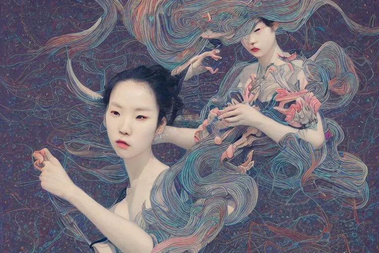Prompt: Lee Jin-Eun by James Jean, rule of thirds, seductive look, beautiful, in flowy multiversal electrifying waters