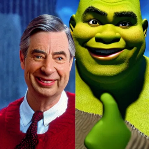 Image similar to shrek combined with both mr rogers and the rock