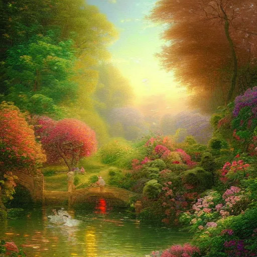 Prompt: photorealistic beautiful painting by jean - honore fragonard in the style of thomas kinkade and tim white. hyperdetailed photorealism, 1 0 8 megapixels, volumetric lighting