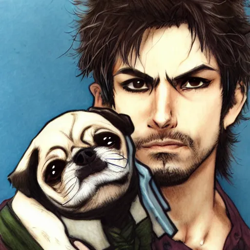 Image similar to self portrait, young white hispanic handsome man with short light brown hair and light skin and a 5 o clock shadow and holding a pug while fighting against 2 swordsmen pencil art, blood, added detail, high definiton, colored, backfacing, illustrated by yoji shinkawa