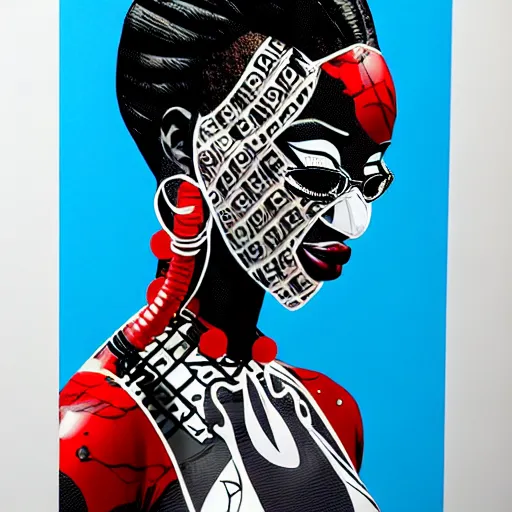 Image similar to a profile photo of a african woman with a diving oxygen mask with side profile blood in ocean intricate details by MARVEL comics and Sandra Chevrier-C