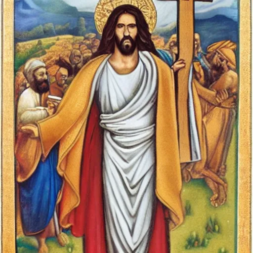 Prompt: culturist jesus christ carrying the cross,
