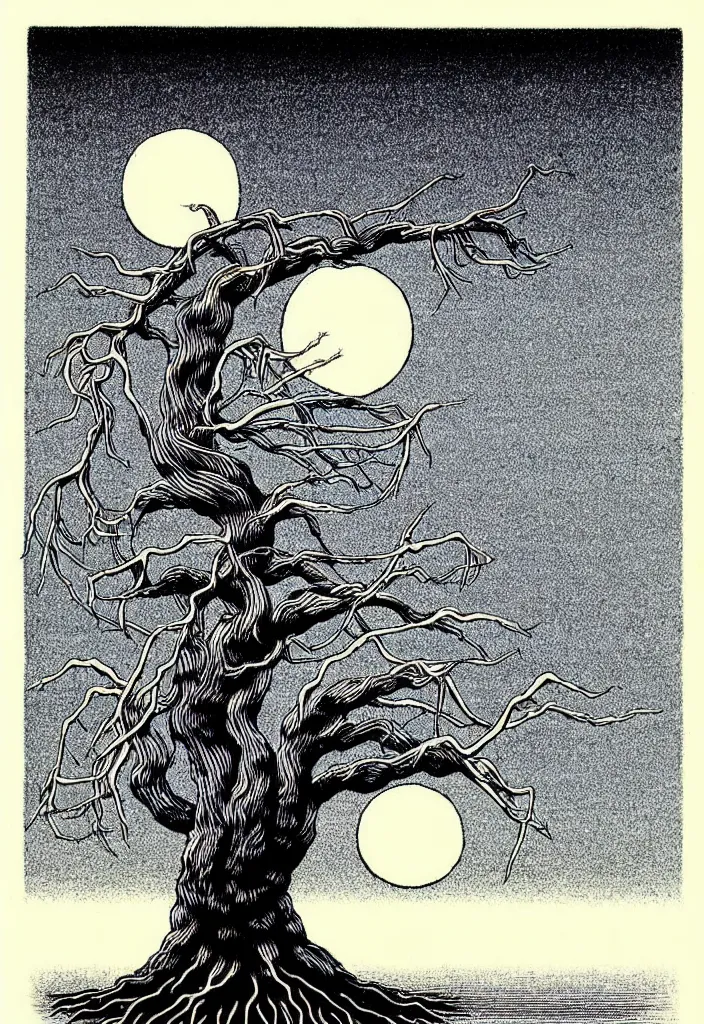 Image similar to prompt: magical white skeleton Bonsai tree squid creature roots merging into big moon drawn by Rene Magritte, Japanese woodblock print style, clean ink detailed line drawing, intricate detail, manga 1980