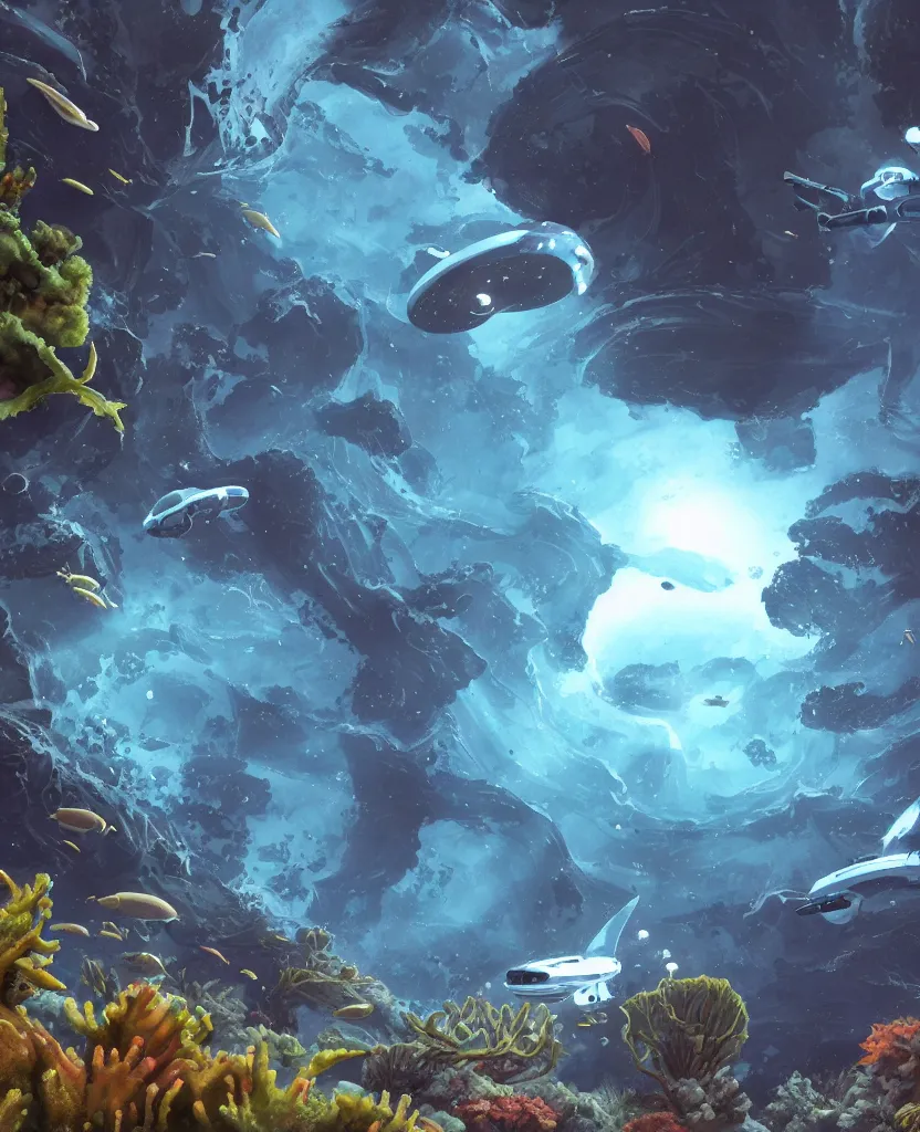 Prompt: white disc - shaped spacecraft submarine, fusion of subnautica and star trek, flying through a spectacular exotic underwater coral canyon, kelp forest, schools of fish, in the style of john eaves ron walotsky ralph mcquarrie, soft natural volumetric lighting, realistic 4 k unreal engine 5 beautifully detailed render, 4 k post processing, trending on artstation