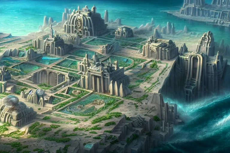 Image similar to a beautiful complex insanely detailed matte painting of the futuristic ancient city of Atlantis by Heironymous Bosch!!!!!!!, by James Gurney and Tyler Edlin, 4k, trending on artstation, aerial view