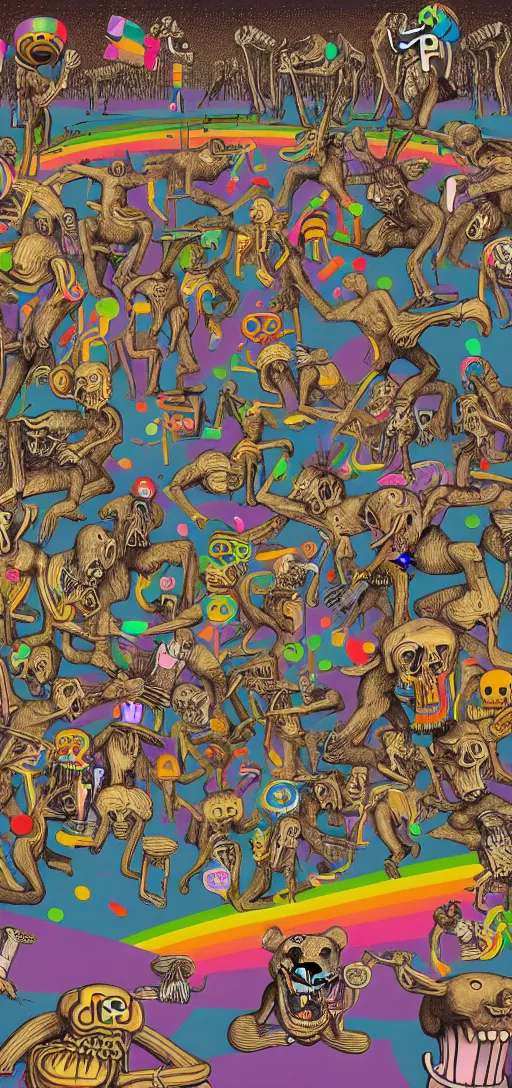 Image similar to epic mural of grizzly bear skeletons dancing, rainbow tubing, hieronymus bosch, victor moscoso, owsley, r crumb, clean outlines, shusei nagaoka, kaws, james jean, octane render