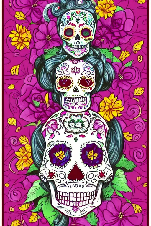 Prompt: illustration of a sugar skull day of the dead girl, art by kazuhiko nakamura