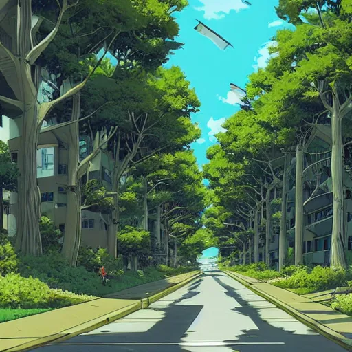 Prompt: private academy entrance, boulevard, dense trees, building in the distance, overhanging branches, long road, cel - shading, 2 0 0 1 anime, flcl, jet set radio future, the world ends with you, kid a, cel - shaded, strong shadows, vivid hues, y 2 k aesthetic, art by artgerm