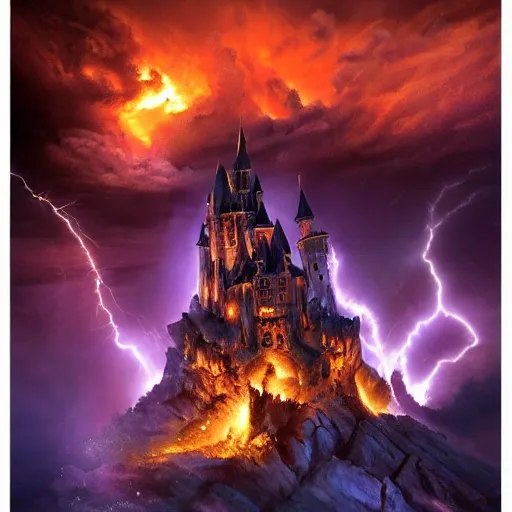 Prompt: A photo of a sorcerer holding torch attacking magic castle under siege, fire from sky, blue lightnings, dramatic purple thunders, golden meteors, war, dramatic shadows, powerful photo, magic, dramatic lighting, intricate, wild, highly detailed, digital painting, artstation, concept art, smooth, sharp focus, illustration, art by artgerm and greg rutkowski and alphonse mucha, footage