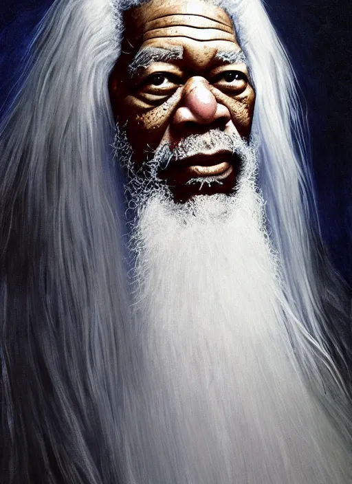 Image similar to medium camera shot of evil morgan freeman as evil wizard saurman the white, long white hair and white beard, beautiful pure white warlock flowing robes, by alan lee, lord of the rings, smooth, oil painting, matte painting, concept art, trending on artstation, promotional artwork, film still, elegant, photorealistic facial features, intricate, detailed face, dramatic lighting