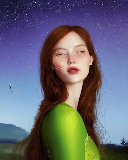 Prompt: a happy, modern looking young woman looking over shoulder, intricate detailed dress, among the lights of golden fireflies and nature, long loose red hair, bright green eyes, small nose with freckles, triangle shape face, smiling, dreamy scene, golden ratio, high contrast, hyper realistic digital art by caravaggio and artgerm.