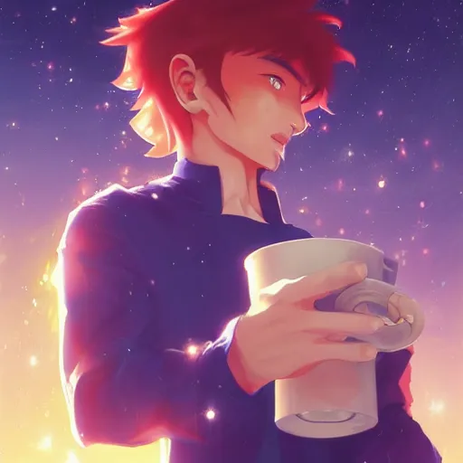 Image similar to A man drinking a cup of cosmic energy bright light, illustration, anime style, Artgerm, 4k, digital art, surreal, anime style, space dandy style, highly detailed, godsend, artstation, digital painting, concept art, smooth, sharp focus, illustration by Ruan Jia and Mandy Jurgens and William-Adolphe Bouguereau, Artgerm