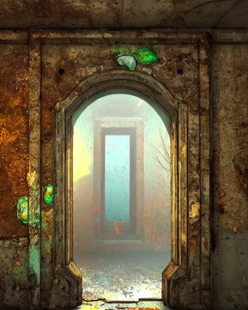 Prompt: vibrant HDR photo of infinite sludge window portal; time warp portal with ooze dripping; puddle portal in abandoned mill, postprocessing; artstation; #conceptart; #c4d; #render; vray tracing; matte painting by de Chirico Giorgio Les Edwards