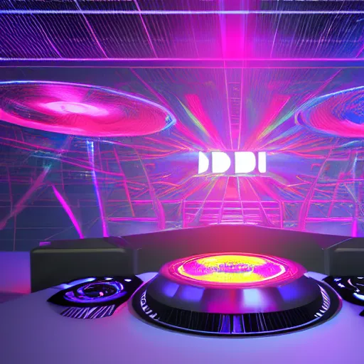 Image similar to hologram dj club stage from the future. alien dj turntables. gigantic speakers with lasers and lights. octane render 4k