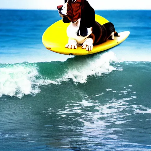Prompt: a basset hound on a surboard, surfing a barrel wave, in the style of a surf movie poster