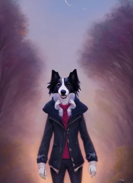 Image similar to full body digital painting of a cute male anthropomorphic border collie fursona wearing a jacket in front of a park, by charlie bowater, henry asencio, and ross tran, furaffinity, scenic background, intricate, elegant, beautiful, fantasy, highly detailed, trending on artstation