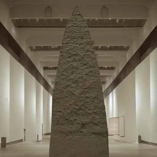 Prompt: single clay museum sculpture, pedestal, pyramidal symbolic representation, in a large hall, ambient lighting, museum catalog photograph