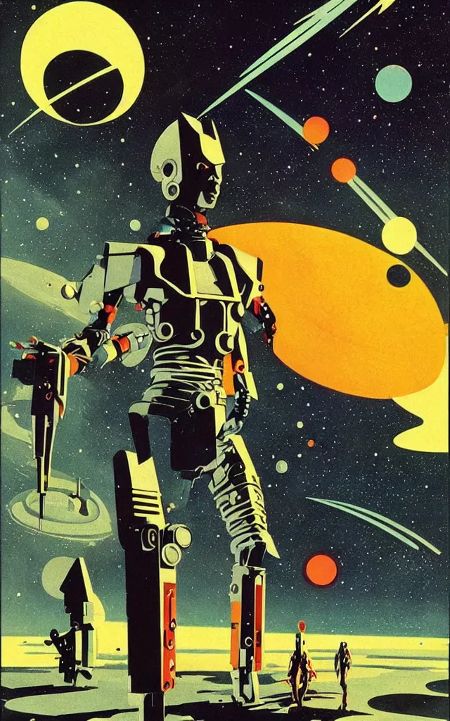 Prompt: space cowboy cyborg. space fantasy. bauhaus art. retro comicbook art. dean ellis.