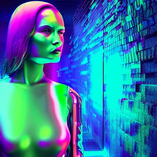 Image similar to chromatic 3d ultra realistic cyborg woman in psychedellic mirror environment digital art in synthwave style