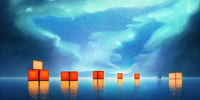 Image similar to beautiful glowing cubes in the middle of lake baikal, atmospheric lighting, intricate, volumetric lighting, beautiful, sharp focus, ultra detailed, in the art style of bowater, charlie, brom, gerald, astrophotography