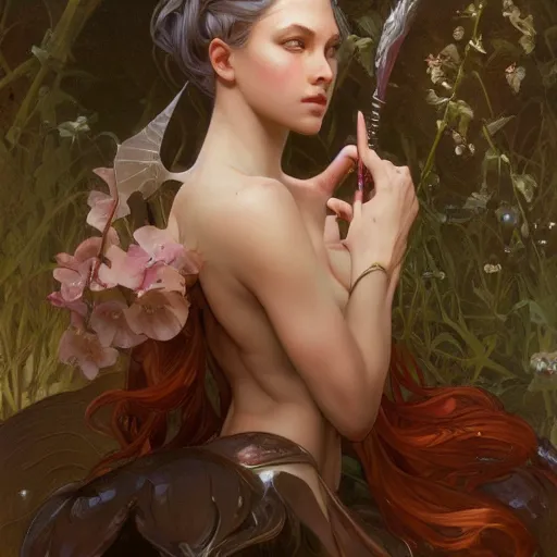 Image similar to portrait of a nymph, D&D, fantasy, highly detailed, digital painting, artstation, smooth, sharp focus, illustration, art by artgerm and greg rutkowski and alphonse mucha