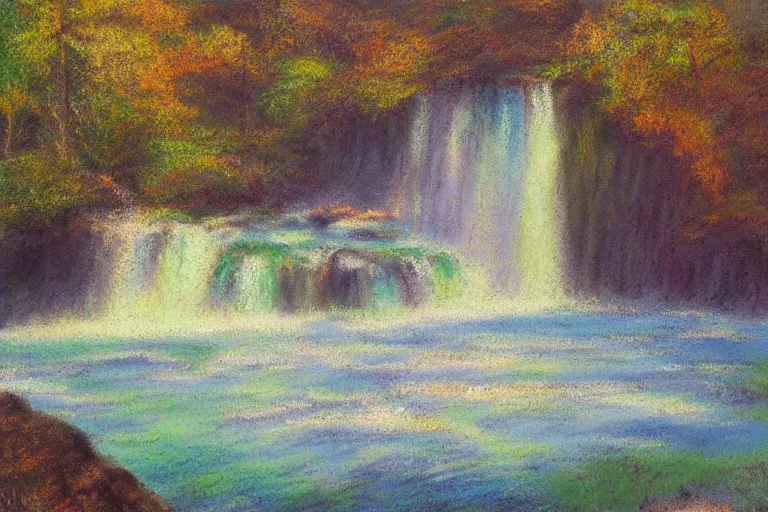 Image similar to beautiful landscape, waterfall, impressionist, masterpiece, pastel, muted