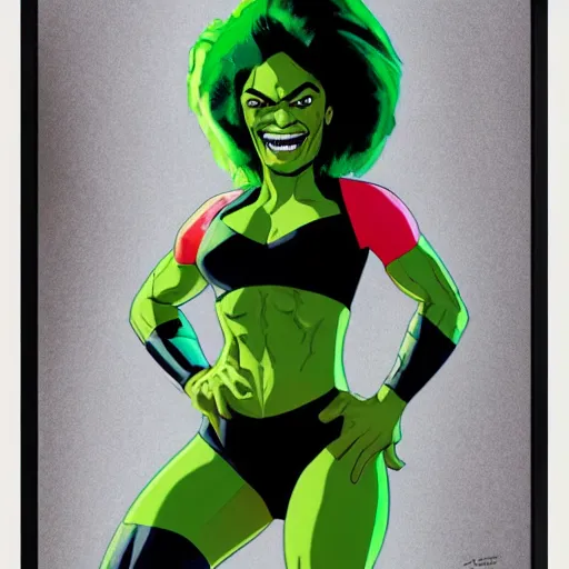 Prompt: Actress Rosario Dawson as She-Hulk, smiling, poster framed, comic pinup style, sports illustrated, detailed legs, artstation, illustration, posterized, Roge Antonio, Jen Bartel