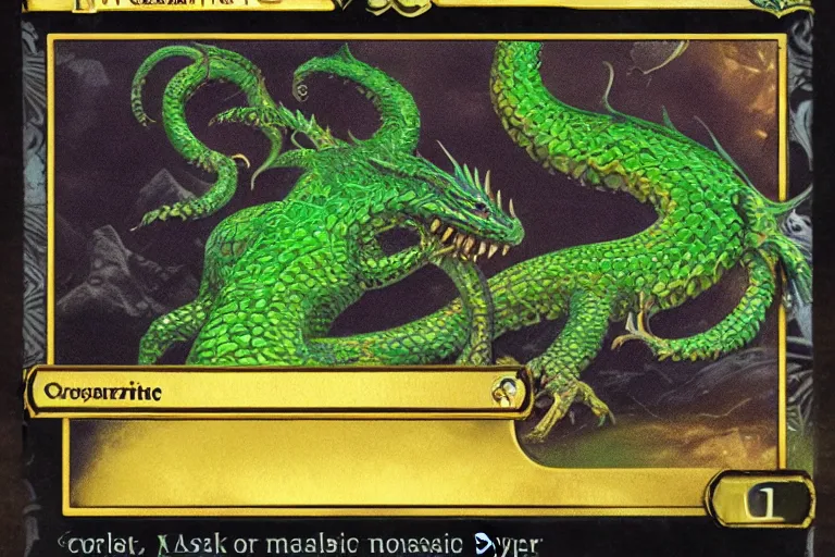 Image similar to a giant monster royal basilisk, gold green creature, magic : the gathering