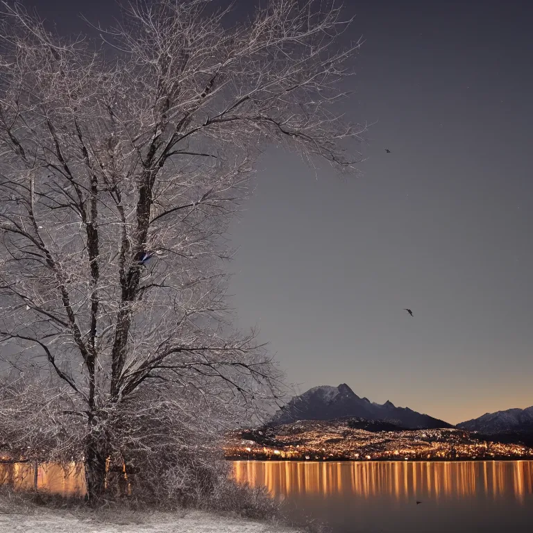 Prompt: a beautiful awesome artistic tree in the winter at night and many birds, all in the amazing outdoors view, mountain in the background, lake, long exposure, 8 k resolution, trending on artstation