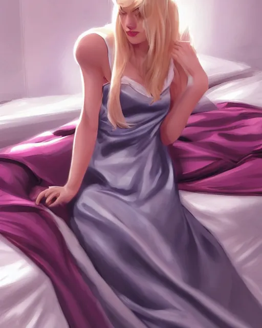 Image similar to gwen stacy wearing a satin nightgown, laying in bed, attractive, casual, digital painting, artstation, concept art, smooth, sharp focus, illustration, art by artgerm and greg rutkowski and sakimichan