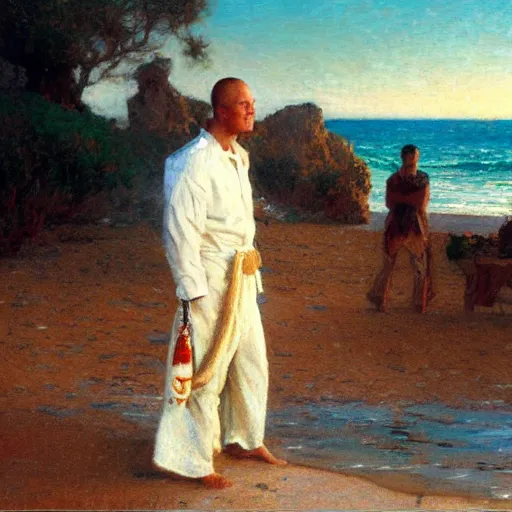 Prompt: detailed cinematic shot of jeff bezos with white clothes in the mediterranean beach, spring light, painting by gaston bussiere, craig mullins, j. c. leyendecker