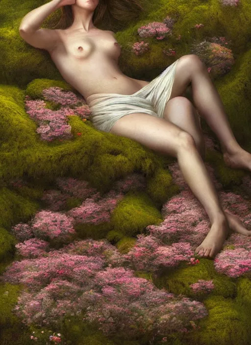 Image similar to digital _ painting _ of _ a woman on a bed of moss and flowers _ by _ filipe _ pagliuso _ and _ justin _ gerard _ symmetric _ fantasy _ highly _ detailed _ realistic _ intricate _ port