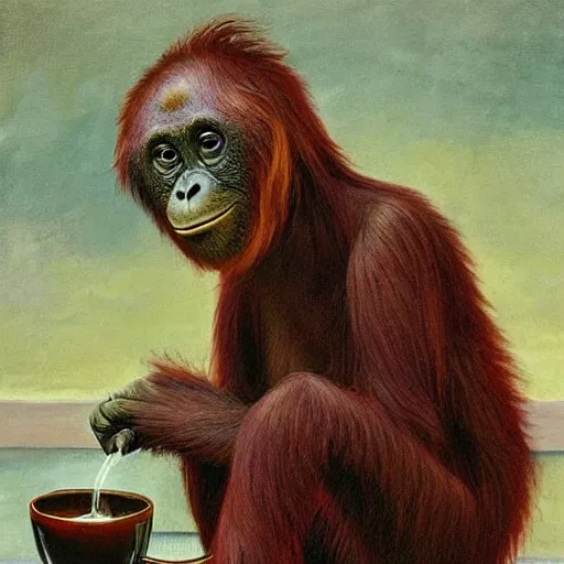 Prompt: a tired looking red - eyed orangutan making coffee in the morning by louis wain, digital art, detailed