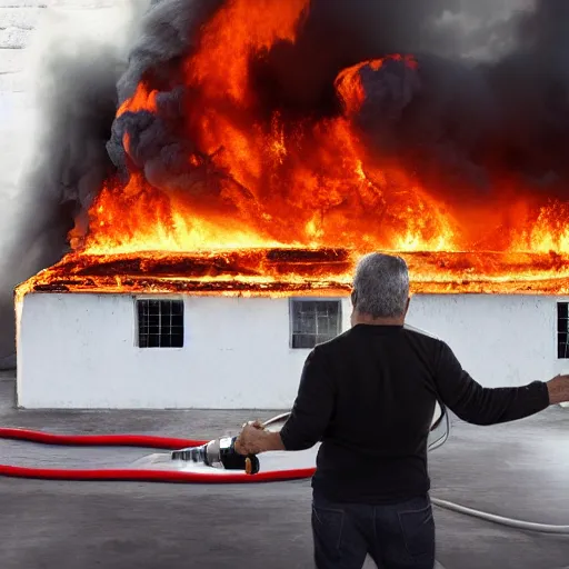 Prompt: Miguel Díaz Canel fighting a giant fire with a extinguisher photorealistic 4K studio photo