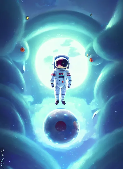 Image similar to portrait of cute kawaii astronaut android floating around a large biomechanical kaiju dragon, nebulous background of dynamic space, a dramatic composition by wlop and greg rutkowski and makoto shinkai and studio ghibli and kyoto animation cute bubbly clothing