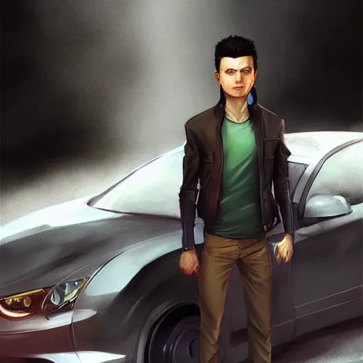 Prompt: older damian wayne standing next to a car, handsome, highly detailed, artstation, digital painting, by Charlie bowater