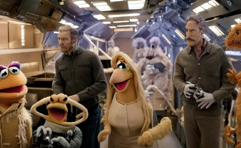 Image similar to a still of muppets in interstellar ( 2 0 1 4 ). highly detailed felt. hyper real photo. 4 k.