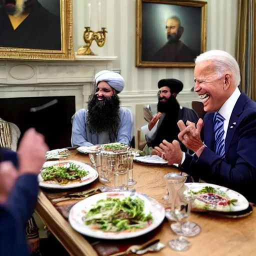Prompt: 4 k hdr portrait wide angle photo of president joe biden laughing at a dinner table meeting surrounded by taliban terrorist leaders
