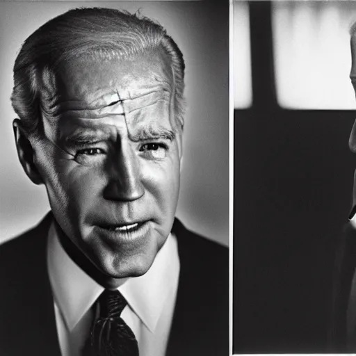 Image similar to photo of Joe Biden by Diane Arbus, black and white, high contrast, Rolleiflex, 55mm f/4 lens