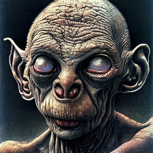 Prompt: gollum smeagol grotesque, ultra detailed, ultra realistic, by beksinski