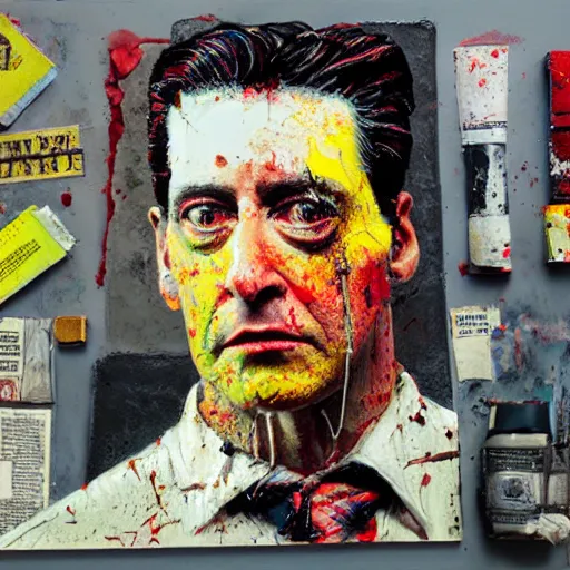 Prompt: hyperrealistic, photorealistic, mixed media oil painting of agent dale cooper, magazine scraps, plaster, blood, oil, mustard, splatter, greg rutkowski, basquiat, ralph steadman, wesley kimler, terry gilliam